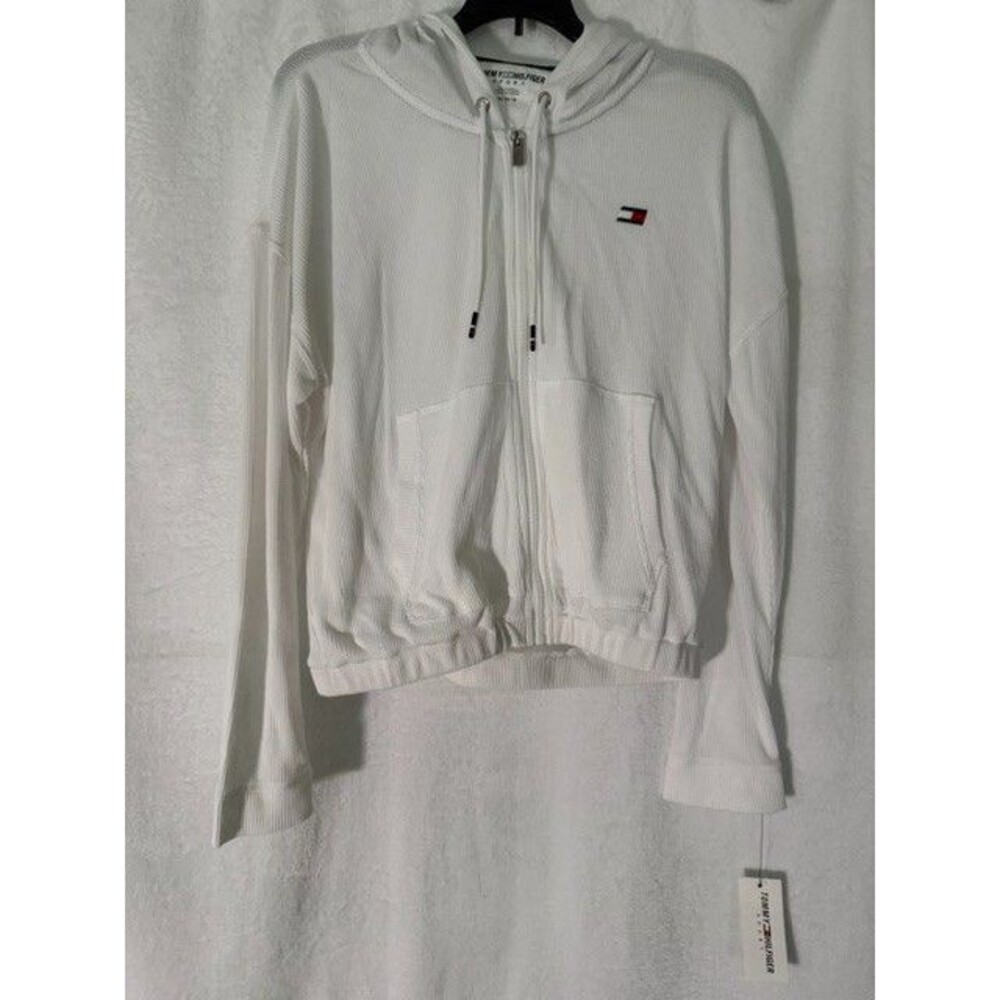 Tommy Hilfiger Sport Women’s Hoodie M White Full Zip Waffle Knit Logo NWT